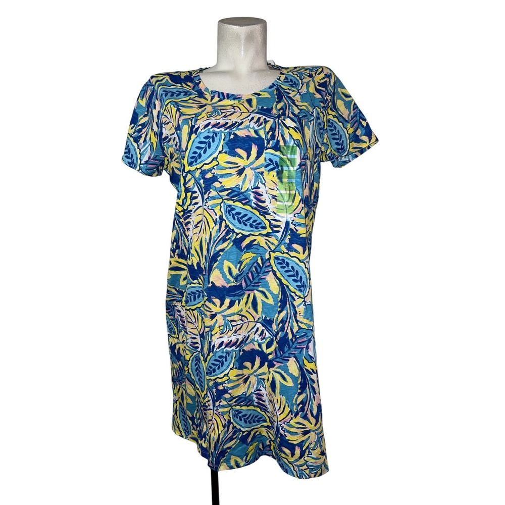 New Stell Parker Women's Tropical Leaf Print Short Sleeve T-Shirt Dress Size L